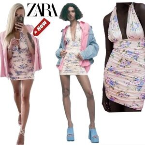 Zara pastel pink floral flower ruched halter top bodycon mini dress Sz M NWT